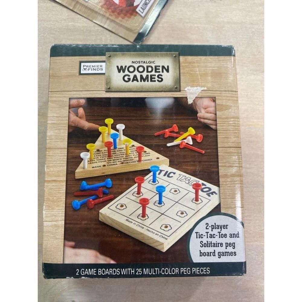 Premier Finds Nostalgic Wooden‎ Games Tic-Tac-Toe and Solitaire Peg Board Set